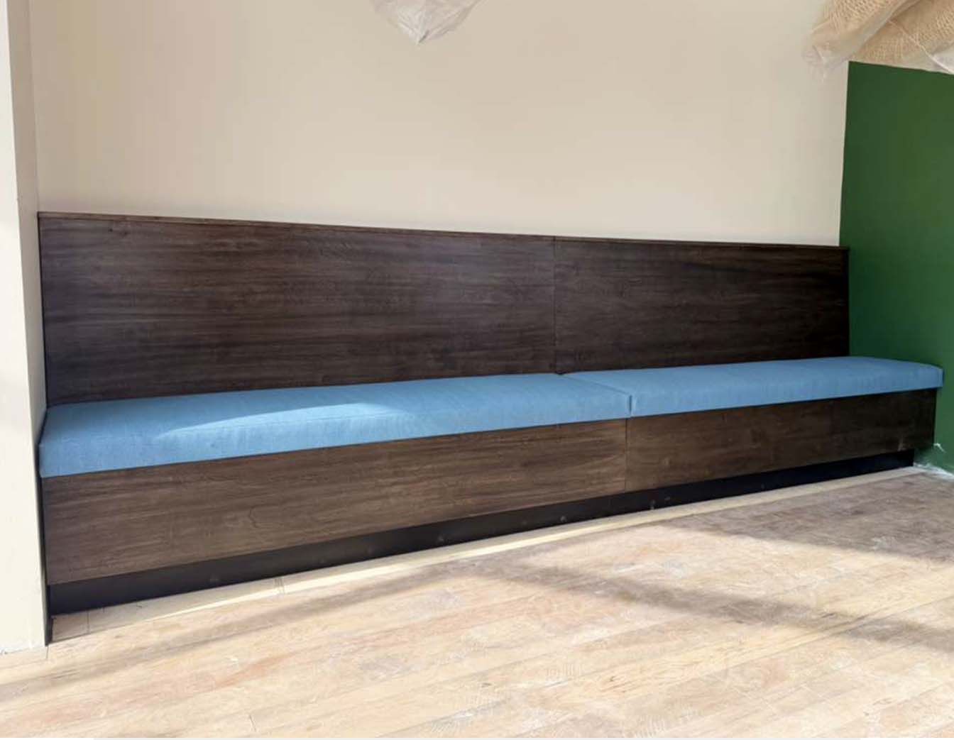 Enclave Matcha Café — Tremont — Custom banquette in fabrication